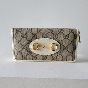 $781 *NEW* GUCCI Beige/Ebony GG Canvas/Leather Trim Horsebit 1955 zip around wal